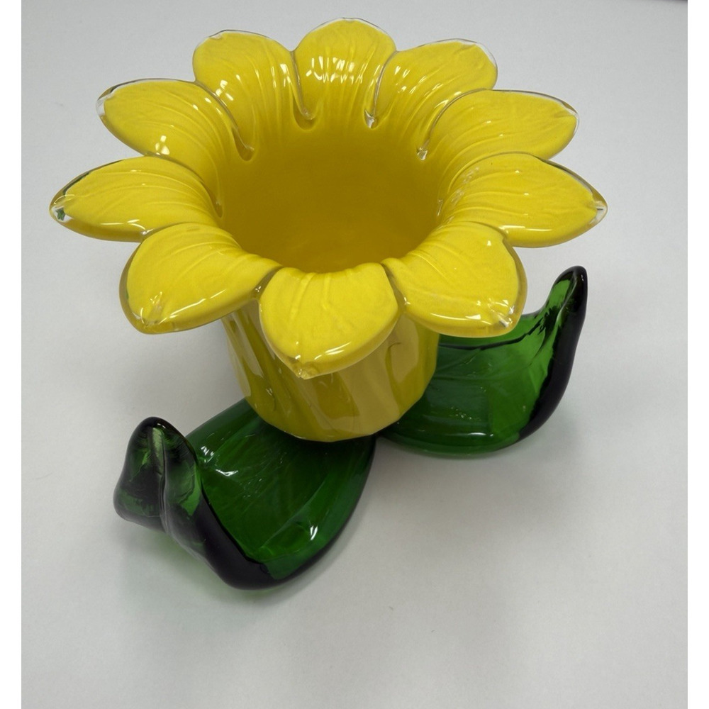 Hand Blown Art Glass Flower Candle Holder Yellow Green Vintage Art Deco - Picture 3 of 8